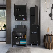 HD Paris Matt Black 60 komplett fürdőszoba bútor szett álló mosdószekrénnyel, szálcsiszolt króm elemekkel, fekete mosdópulttal, tükrös szekrénnyel és magasszekrénnyel