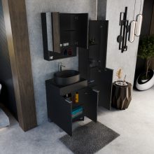 HD Paris Matt Black 60 komplett fürdőszoba bútor szett álló mosdószekrénnyel, szálcsiszolt króm elemekkel, fekete mosdópulttal, tükrös szekrénnyel és magasszekrénnyel