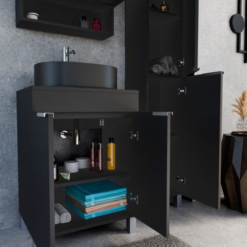 HD Paris Matt Black 60 komplett fürdőszoba bútor szett álló mosdószekrénnyel, szálcsiszolt króm elemekkel, fekete mosdópulttal, tükrös szekrénnyel és magasszekrénnyel