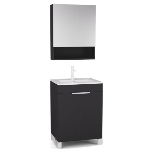 HD Paris Matt Black 60 komplett fürdőszoba bútor álló mosdószekrénnyel, matt fehér elemekkel, fényes fehér slim mosdóval és tükrös szekrénnyel