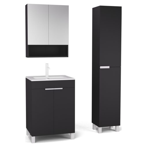 HD Paris Matt Black 60 komplett fürdőszoba bútor szett álló mosdószekrénnyel, matt fehér elemekkel, fényes fehér slim mosdóval, tükrös szekrénnyel és magasszekrénnyel