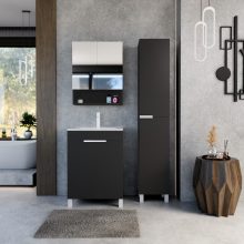 HD Paris Matt Black 60 komplett fürdőszoba bútor szett álló mosdószekrénnyel, matt fehér elemekkel, fényes fehér slim mosdóval, tükrös szekrénnyel és magasszekrénnyel