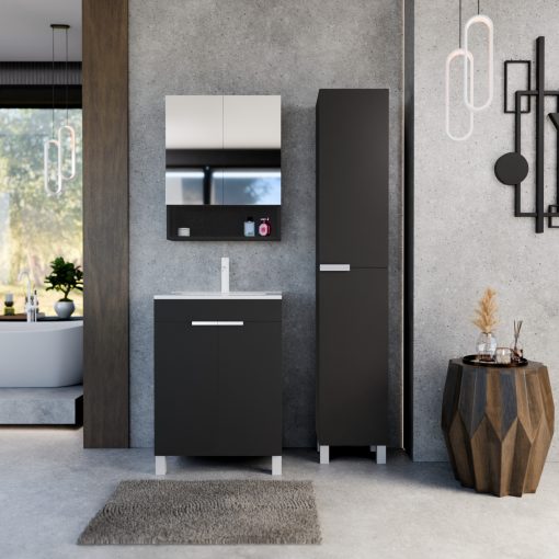 HD Paris Matt Black 60 komplett fürdőszoba bútor szett álló mosdószekrénnyel, matt fehér elemekkel, fényes fehér slim mosdóval, tükrös szekrénnyel és magasszekrénnyel