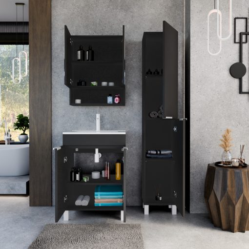 HD Paris Matt Black 60 komplett fürdőszoba bútor szett álló mosdószekrénnyel, matt fehér elemekkel, fényes fehér slim mosdóval, tükrös szekrénnyel és magasszekrénnyel