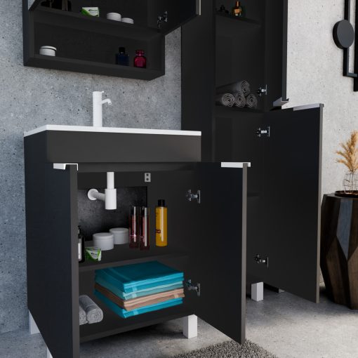 HD Paris Matt Black 60 komplett fürdőszoba bútor szett álló mosdószekrénnyel, matt fehér elemekkel, fényes fehér slim mosdóval, tükrös szekrénnyel és magasszekrénnyel