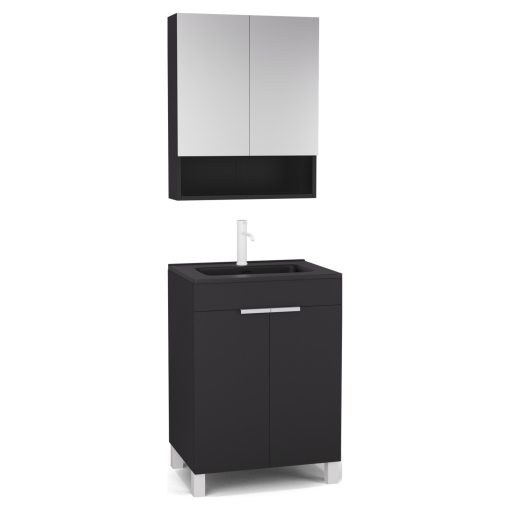 HD Paris Matt Black 60 komplett fürdőszoba bútor álló mosdószekrénnyel, matt fehér elemekkel, matt fekete slim mosdóval és tükrös szekrénnyel