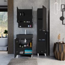 HD Paris Matt Black 60 komplett fürdőszoba bútor álló mosdószekrénnyel, matt fehér elemekkel, matt fekete slim mosdóval és tükrös szekrénnyel