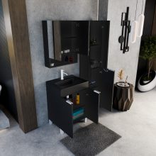 HD Paris Matt Black 60 komplett fürdőszoba bútor álló mosdószekrénnyel, matt fehér elemekkel, matt fekete slim mosdóval és tükrös szekrénnyel