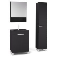 HD Paris Matt Black 60 komplett fürdőszoba bútor szett álló mosdószekrénnyel, matt fehér elemekkel, matt fekete slim mosdóval, tükrös szekrénnyel és magasszekrénnyel