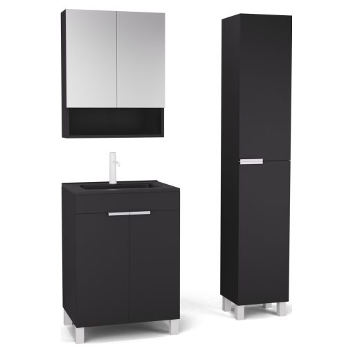 HD Paris Matt Black 60 komplett fürdőszoba bútor szett álló mosdószekrénnyel, matt fehér elemekkel, matt fekete slim mosdóval, tükrös szekrénnyel és magasszekrénnyel