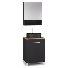 HD Paris Matt Black 60 komplett fürdőszoba bútor álló mosdószekrénnyel, matt fehér elemekkel, tölgyfa színű mosdópulttal és tükrös szekrénnyel