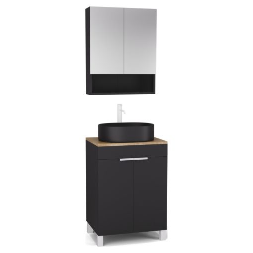 HD Paris Matt Black 60 komplett fürdőszoba bútor álló mosdószekrénnyel, matt fehér elemekkel, tölgyfa színű mosdópulttal és tükrös szekrénnyel