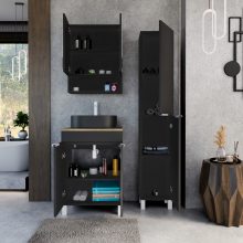 HD Paris Matt Black 60 komplett fürdőszoba bútor álló mosdószekrénnyel, matt fehér elemekkel, tölgyfa színű mosdópulttal és tükrös szekrénnyel