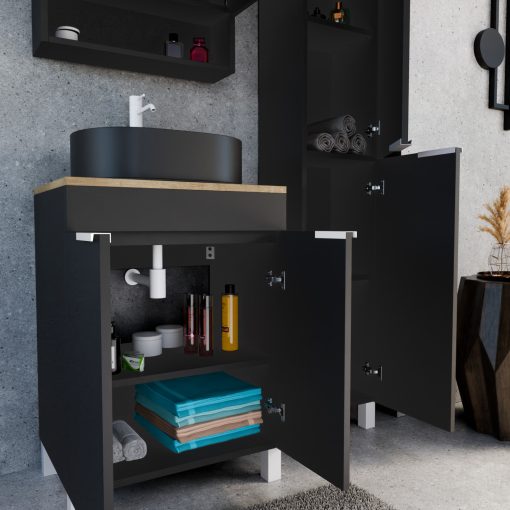 HD Paris Matt Black 60 komplett fürdőszoba bútor álló mosdószekrénnyel, matt fehér elemekkel, tölgyfa színű mosdópulttal és tükrös szekrénnyel