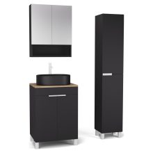 HD Paris Matt Black 60 komplett fürdőszoba bútor szett álló mosdószekrénnyel, matt fehér elemekkel, tölgyfa színű mosdópulttal, tükrös szekrénnyel és magasszekrénnyel