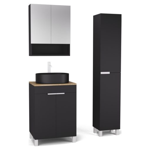 HD Paris Matt Black 60 komplett fürdőszoba bútor szett álló mosdószekrénnyel, matt fehér elemekkel, tölgyfa színű mosdópulttal, tükrös szekrénnyel és magasszekrénnyel