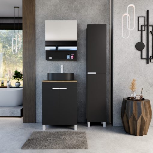 HD Paris Matt Black 60 komplett fürdőszoba bútor szett álló mosdószekrénnyel, matt fehér elemekkel, tölgyfa színű mosdópulttal, tükrös szekrénnyel és magasszekrénnyel