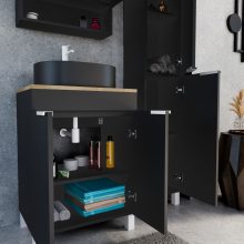 HD Paris Matt Black 60 komplett fürdőszoba bútor szett álló mosdószekrénnyel, matt fehér elemekkel, tölgyfa színű mosdópulttal, tükrös szekrénnyel és magasszekrénnyel