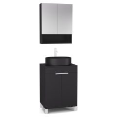   HD Paris Matt Black 60 komplett fürdőszoba bútor álló mosdószekrénnyel, matt fehér elemekkel, fekete mosdópulttal és tükrös szekrénnyel