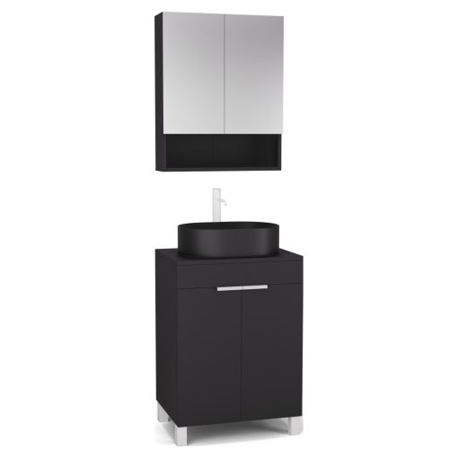 HD Paris Matt Black 60 komplett fürdőszoba bútor álló mosdószekrénnyel, matt fehér elemekkel, fekete mosdópulttal és tükrös szekrénnyel
