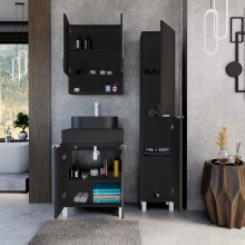 HD Paris Matt Black 60 komplett fürdőszoba bútor álló mosdószekrénnyel, matt fehér elemekkel, fekete mosdópulttal és tükrös szekrénnyel