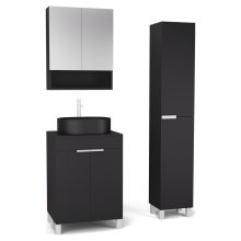 HD Paris Matt Black 60 komplett fürdőszoba bútor szett álló mosdószekrénnyel, matt fehér elemekkel, fekete mosdópulttal, tükrös szekrénnyel és magasszekrénnyel