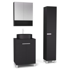   HD Paris Matt Black 60 komplett fürdőszoba bútor szett álló mosdószekrénnyel, matt fehér elemekkel, fekete mosdópulttal, tükrös szekrénnyel és magasszekrénnyel