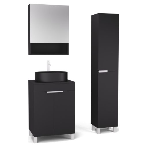 HD Paris Matt Black 60 komplett fürdőszoba bútor szett álló mosdószekrénnyel, matt fehér elemekkel, fekete mosdópulttal, tükrös szekrénnyel és magasszekrénnyel
