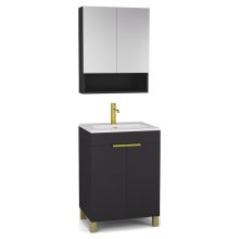 HD Paris Matt Black 60 komplett fürdőszoba bútor álló mosdószekrénnyel, szálcsiszolt arany elemekkel, fényes fehér slim mosdóval és tükrös szekrénnyel