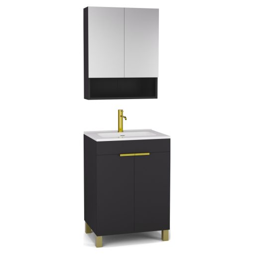 HD Paris Matt Black 60 komplett fürdőszoba bútor álló mosdószekrénnyel, szálcsiszolt arany elemekkel, fényes fehér slim mosdóval és tükrös szekrénnyel