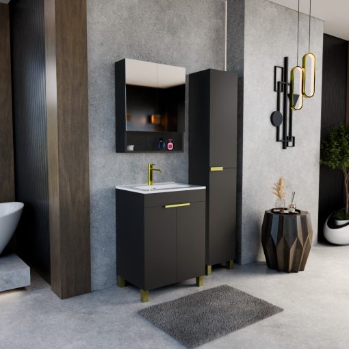 HD Paris Matt Black 60 komplett fürdőszoba bútor szett álló mosdószekrénnyel, szálcsiszolt arany elemekkel, fényes fehér slim mosdóval, tükrös szekrénnyel és magasszekrénnyel