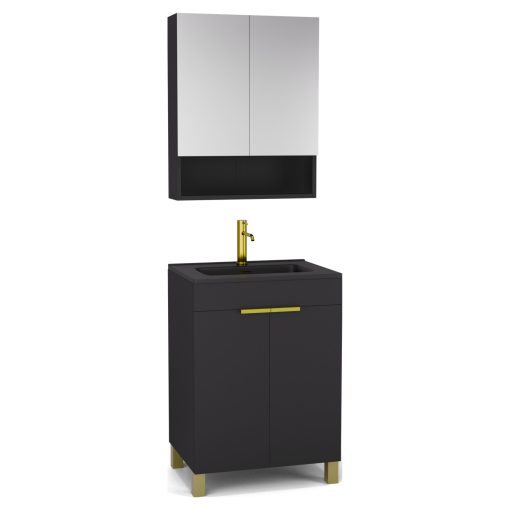 HD Paris Matt Black 60 komplett fürdőszoba bútor álló mosdószekrénnyel, szálcsiszolt arany elemekkel, matt fekete slim mosdóval és tükrös szekrénnyel