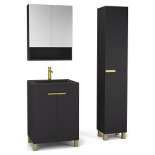 HD Paris Matt Black 60 komplett fürdőszoba bútor szett álló mosdószekrénnyel, szálcsiszolt arany elemekkel, matt fekete slim mosdóval, tükrös szekrénnyel és magasszekrénnyel