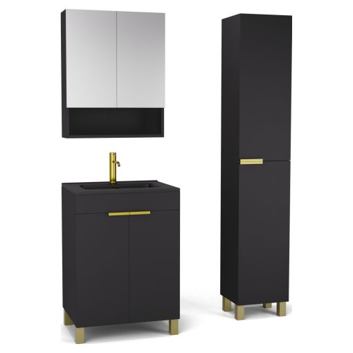 HD Paris Matt Black 60 komplett fürdőszoba bútor szett álló mosdószekrénnyel, szálcsiszolt arany elemekkel, matt fekete slim mosdóval, tükrös szekrénnyel és magasszekrénnyel