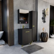 HD Paris Matt Black 60 komplett fürdőszoba bútor szett álló mosdószekrénnyel, szálcsiszolt arany elemekkel, matt fekete slim mosdóval, tükrös szekrénnyel és magasszekrénnyel