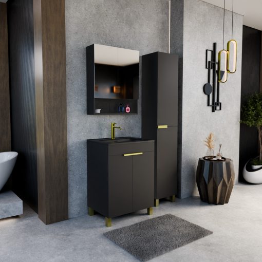 HD Paris Matt Black 60 komplett fürdőszoba bútor szett álló mosdószekrénnyel, szálcsiszolt arany elemekkel, matt fekete slim mosdóval, tükrös szekrénnyel és magasszekrénnyel