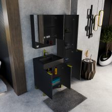 HD Paris Matt Black 60 komplett fürdőszoba bútor szett álló mosdószekrénnyel, szálcsiszolt arany elemekkel, matt fekete slim mosdóval, tükrös szekrénnyel és magasszekrénnyel