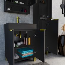 HD Paris Matt Black 60 komplett fürdőszoba bútor szett álló mosdószekrénnyel, szálcsiszolt arany elemekkel, matt fekete slim mosdóval, tükrös szekrénnyel és magasszekrénnyel