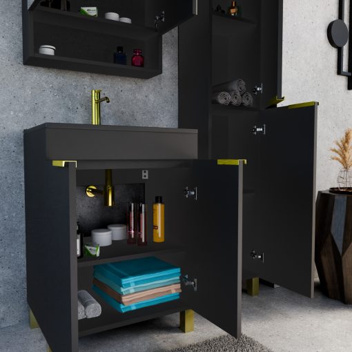 HD Paris Matt Black 60 komplett fürdőszoba bútor szett álló mosdószekrénnyel, szálcsiszolt arany elemekkel, matt fekete slim mosdóval, tükrös szekrénnyel és magasszekrénnyel