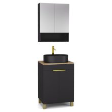 HD Paris Matt Black 60 komplett fürdőszoba bútor álló mosdószekrénnyel, szálcsiszolt arany elemekkel, tölgyfa színű mosdópulttal és tükrös szekrénnyel