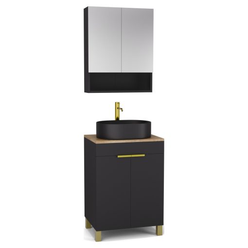 HD Paris Matt Black 60 komplett fürdőszoba bútor álló mosdószekrénnyel, szálcsiszolt arany elemekkel, tölgyfa színű mosdópulttal és tükrös szekrénnyel