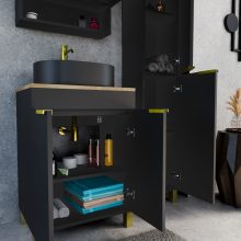 HD Paris Matt Black 60 komplett fürdőszoba bútor álló mosdószekrénnyel, szálcsiszolt arany elemekkel, tölgyfa színű mosdópulttal és tükrös szekrénnyel