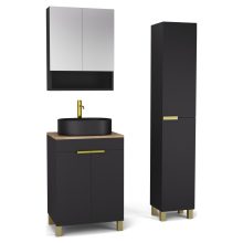 HD Paris Matt Black 60 komplett fürdőszoba bútor szett álló mosdószekrénnyel, szálcsiszolt arany elemekkel, tölgyfa színű mosdópulttal, tükrös szekrénnyel és magasszekrénnyel