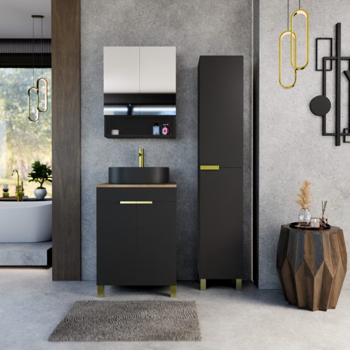 HD Paris Matt Black 60 komplett fürdőszoba bútor szett álló mosdószekrénnyel, szálcsiszolt arany elemekkel, tölgyfa színű mosdópulttal, tükrös szekrénnyel és magasszekrénnyel