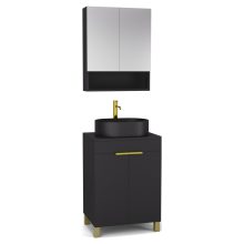 HD Paris Matt Black 60 komplett fürdőszoba bútor álló mosdószekrénnyel, szálcsiszolt arany elemekkel, fekete mosdópulttal és tükrös szekrénnyel