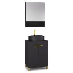   HD Paris Matt Black 60 komplett fürdőszoba bútor álló mosdószekrénnyel, szálcsiszolt arany elemekkel, fekete mosdópulttal és tükrös szekrénnyel