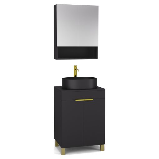 HD Paris Matt Black 60 komplett fürdőszoba bútor álló mosdószekrénnyel, szálcsiszolt arany elemekkel, fekete mosdópulttal és tükrös szekrénnyel