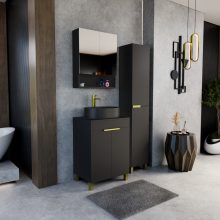 HD Paris Matt Black 60 komplett fürdőszoba bútor álló mosdószekrénnyel, szálcsiszolt arany elemekkel, fekete mosdópulttal és tükrös szekrénnyel