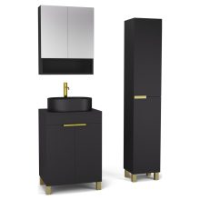 HD Paris Matt Black 60 komplett fürdőszoba bútor szett álló mosdószekrénnyel, szálcsiszolt arany elemekkel, fekete mosdópulttal, tükrös szekrénnyel és magasszekrénnyel
