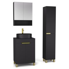   HD Paris Matt Black 60 komplett fürdőszoba bútor szett álló mosdószekrénnyel, szálcsiszolt arany elemekkel, fekete mosdópulttal, tükrös szekrénnyel és magasszekrénnyel